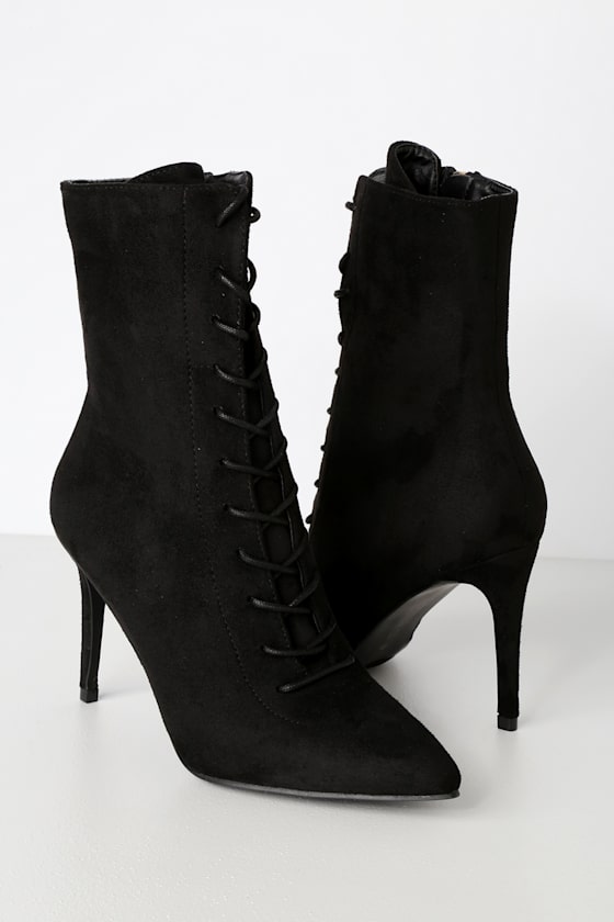 Daelyn Black Suede Lace-Up Mid-Calf Booties 1