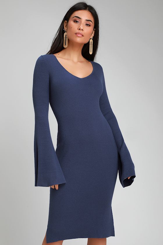 Chic Navy Blue Sweater Dress Bell Sleeve Dress Sweater Dress Lulus