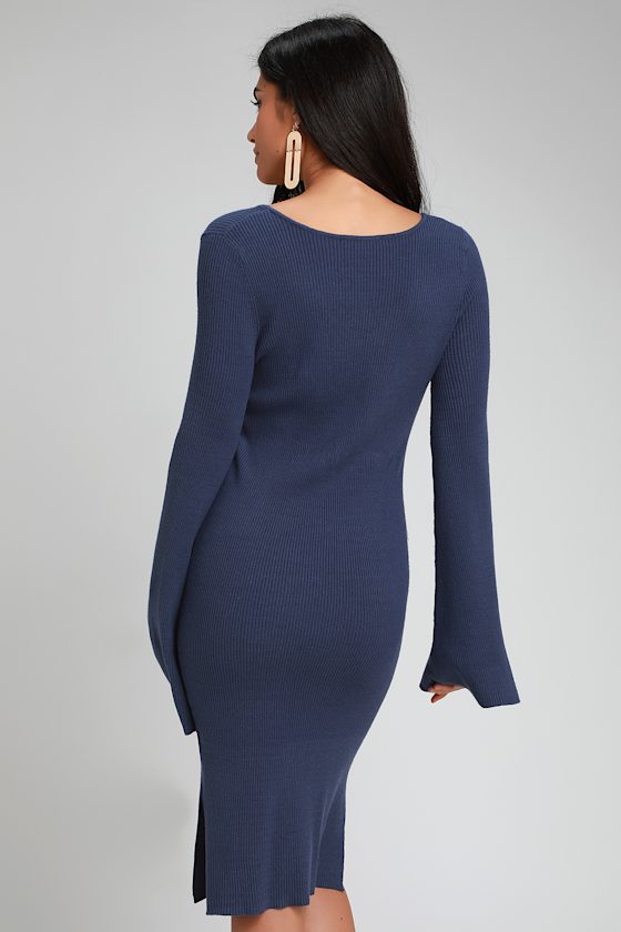 Jourdaine Navy Blue Bell Sleeve Sweater Dress 4