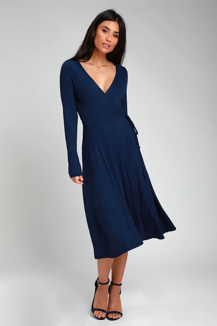 Keira Navy Blue Ribbed Long Sleeve Midi Wrap Dress