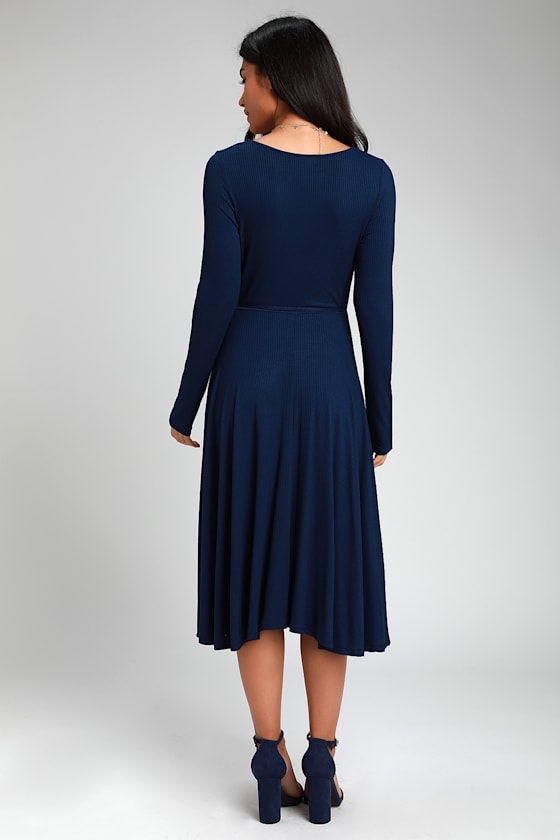 Keira Navy Blue Ribbed Long Sleeve Midi Wrap Dress 5