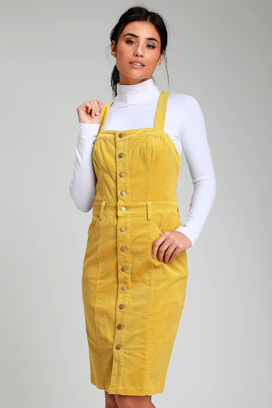 Honey Punch Yellow Corduroy Dress ButtonFront Midi Dress