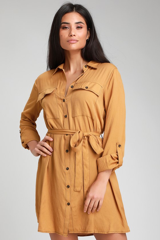 Chic Camel Dress - Shirt Dress - Long Sleeve Dress - Shift Dress - Lulus