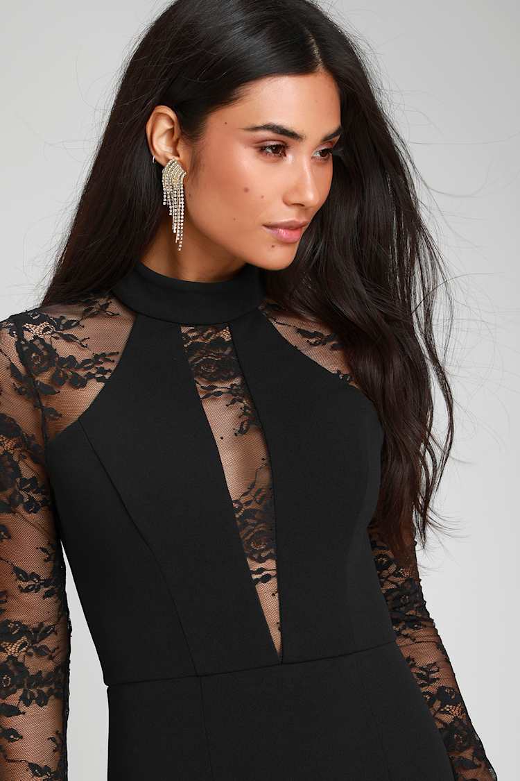 Sexy Black Dress - Bodycon Dress - Lace Dress - Long Sleeve Dress - Lulus