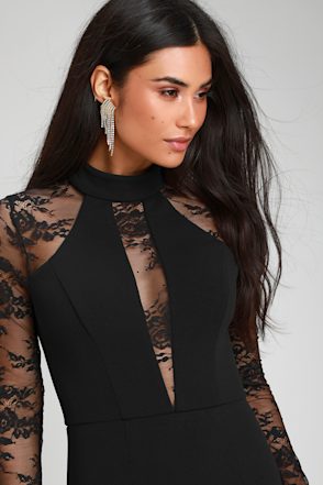 chinese dress ladies Black Lace High Neck Long Sleeve Draped Mini Dress main image 1