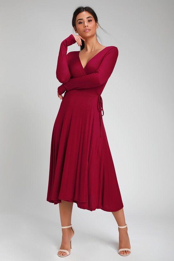 long sleeve burgundy wrap dress