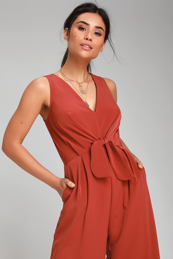 Minette Rust Red Tie Front Wide Leg Jumpsuit