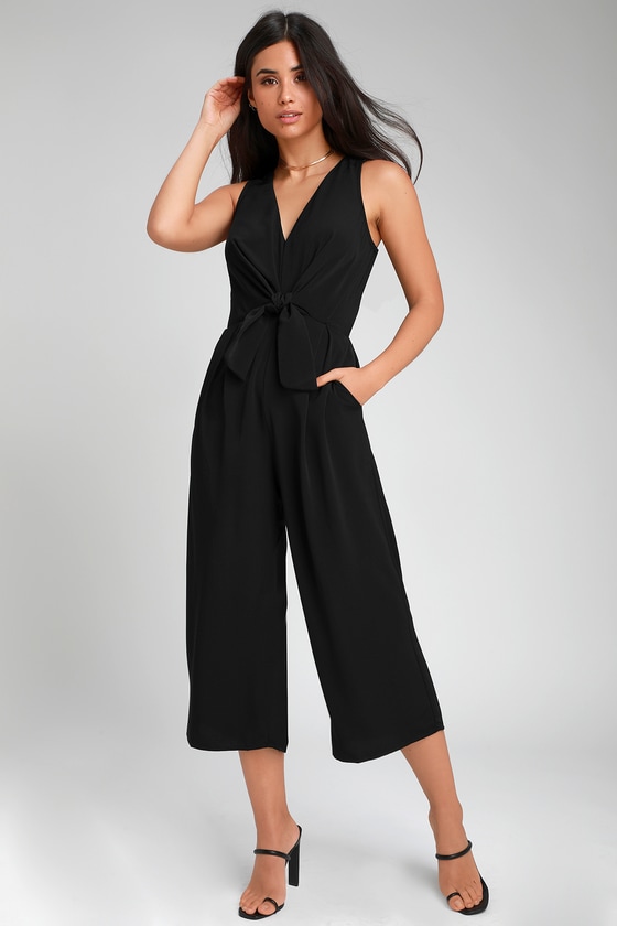 Black Tie-Front Jumpsuit - Wide-Leg Jumpsuit - Culotte Jumpsuit - Lulus