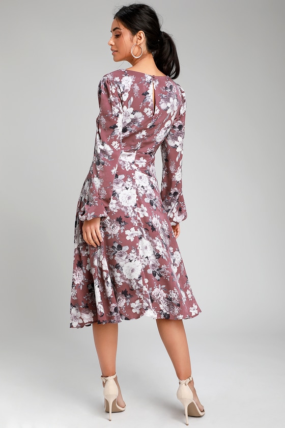 Pretty Dusty Purple Floral Print Dress - Midi Dress - Wrap Dress