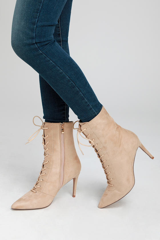 Daelyn Nude Suede Lace-Up Mid-Calf Booties 5