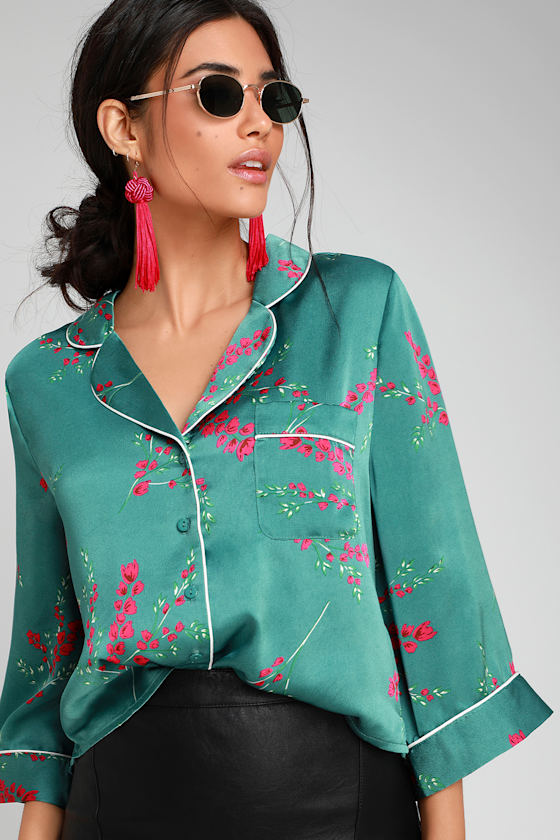 Sweet Dreams Sage Green Floral Print Satin Pajama Top 3