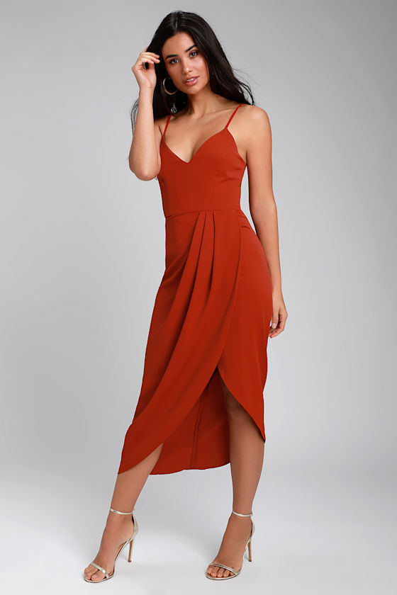 Lovely Rust Red Dress - Midi Dress - High-Low Dress - Wrap Dress - Lulus