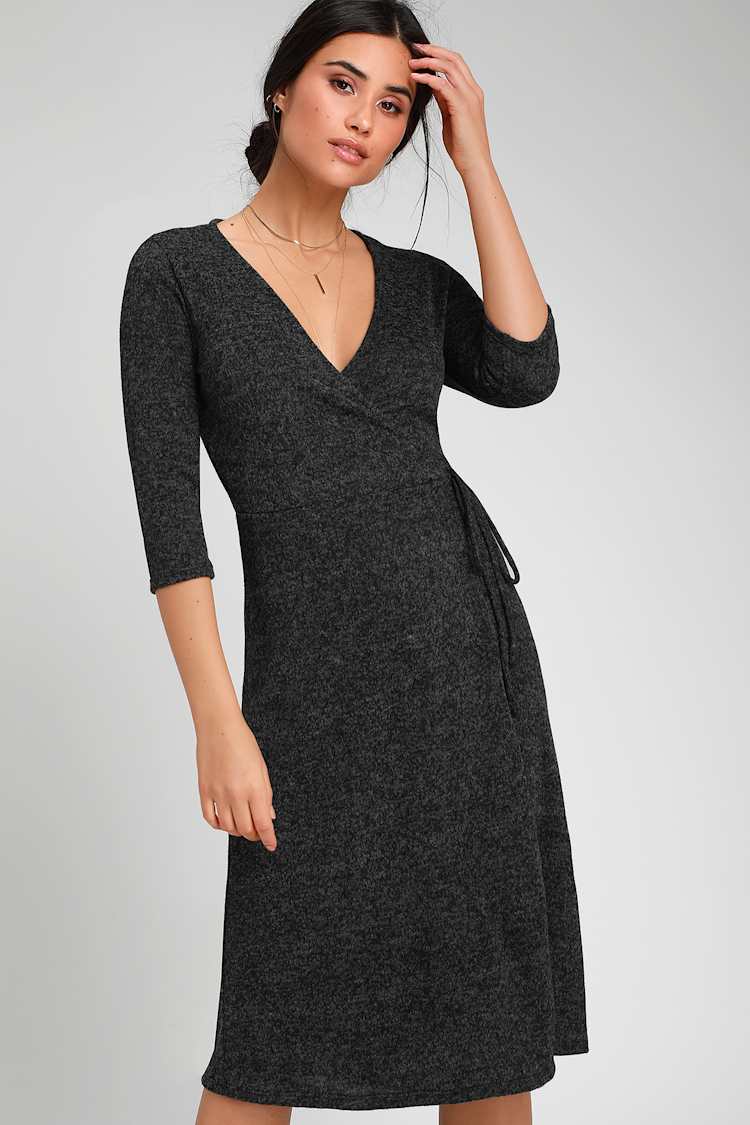 Cute Charcoal Grey Dress - Wrap Dress - Half-Sleeve Dress - Lulus