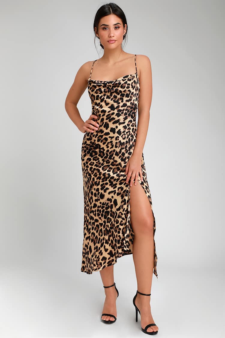 ASTR the Label - Leopard Print Midi Dress - Cowl Neck Dress - Lulus