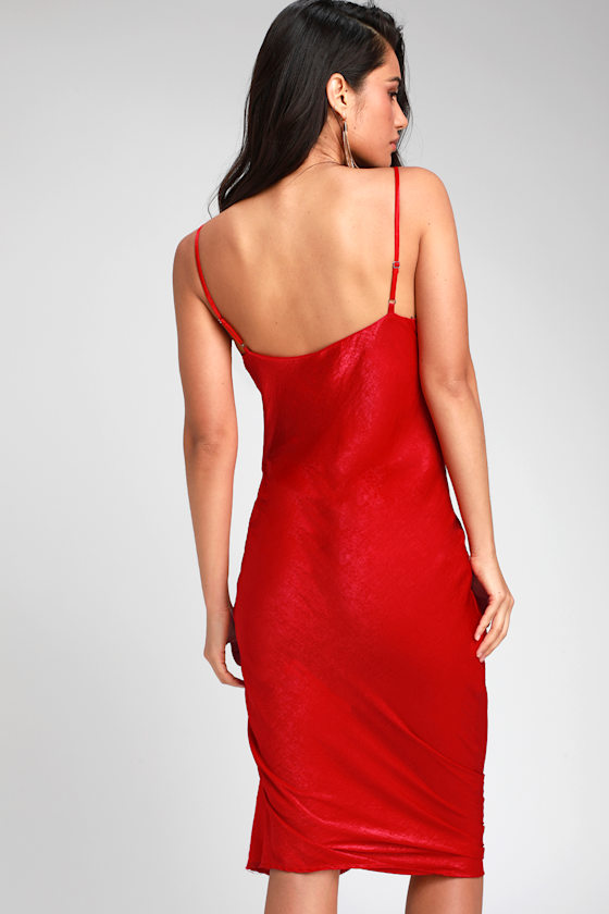 Rolande Red Satin Ruched Midi Slip Dress 5
