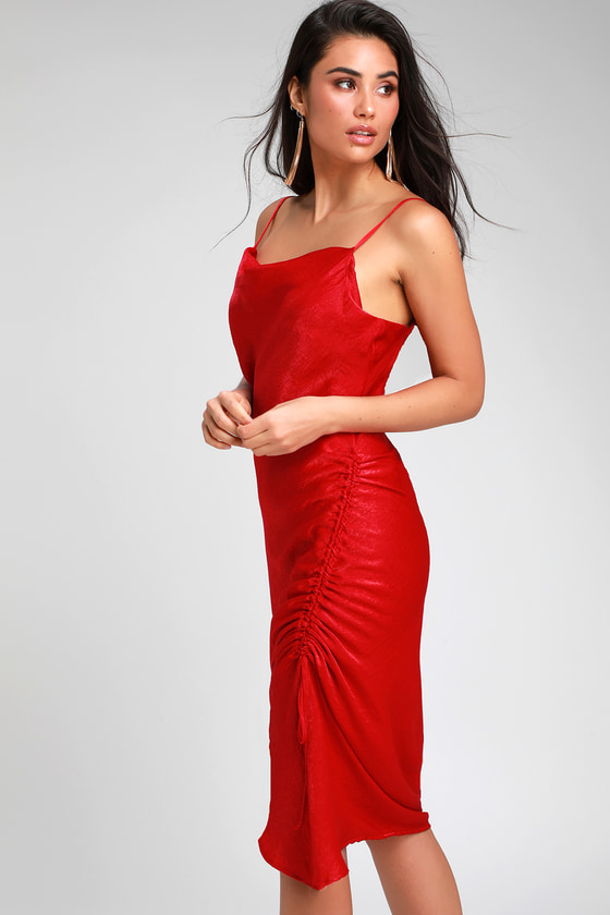 Lovely Red Satin Dress - Ruched Midi Dress - Midi Slip Dress - Lulus
