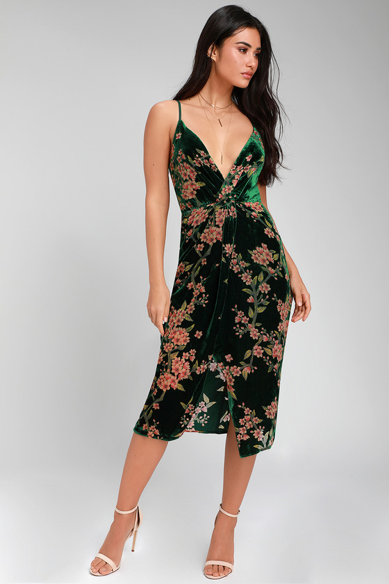 dark green velvet midi dress