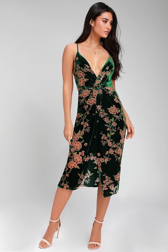 Adelais Dark Green Floral Velvet Midi Dress 2
