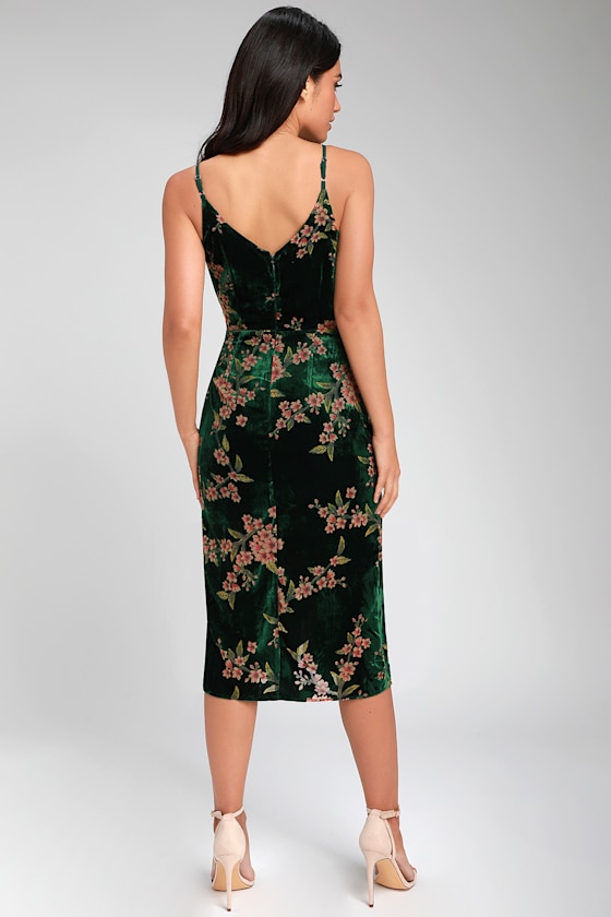 Adelais Dark Green Floral Velvet Midi Dress 5