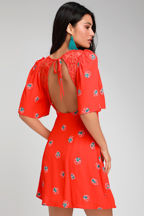 Free People Mockingbird Dress Coral Red Floral Print Mini Dress