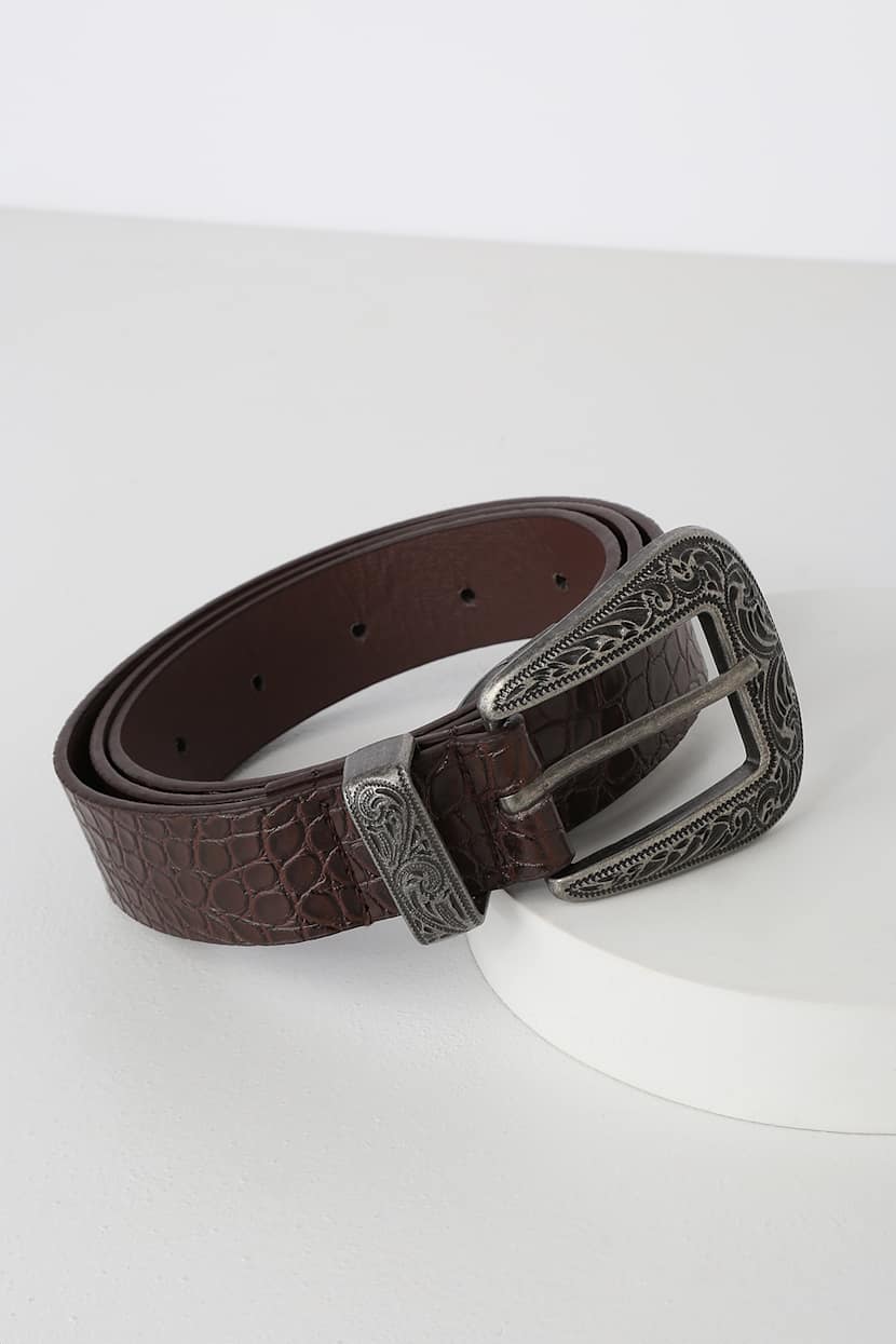 Cool Brown Crocodile Embossed Belt - Engraved Buckle Belt  display picture 1