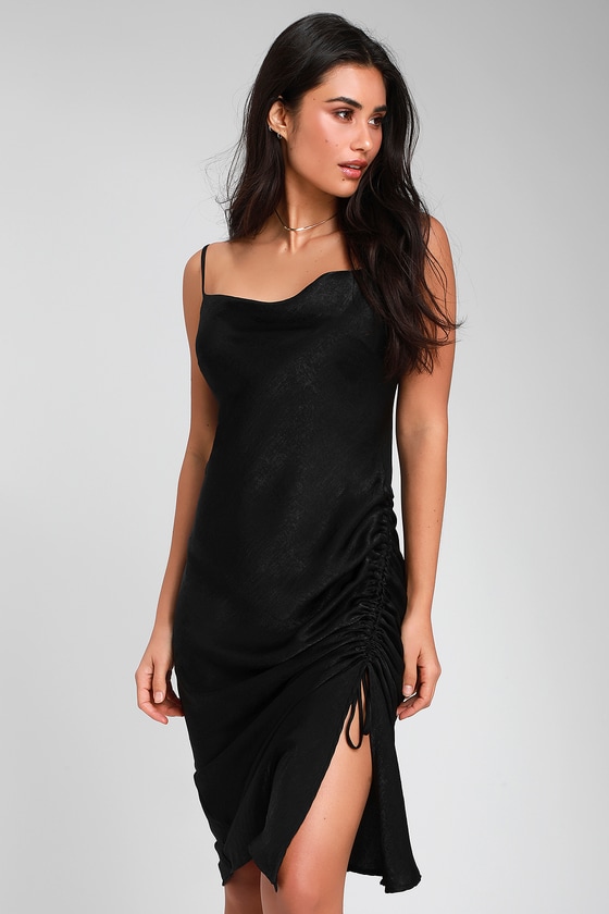 black ruched slip dress