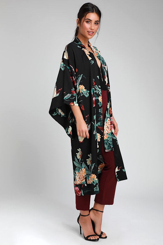 Cute Kimono Black Floral Print Kimono Classic Kimono Lulus