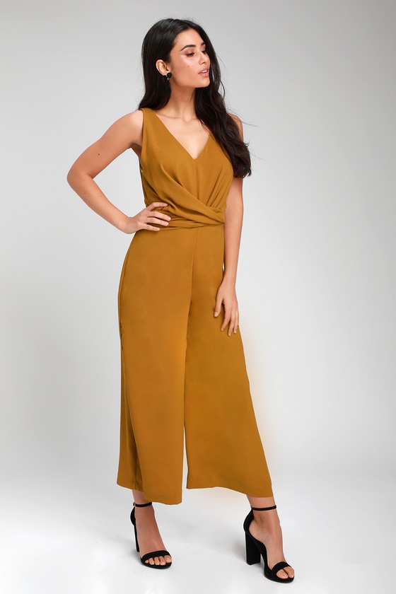 Won and Done Mustard Yellow Twist-Front Culotte Jumpsuit