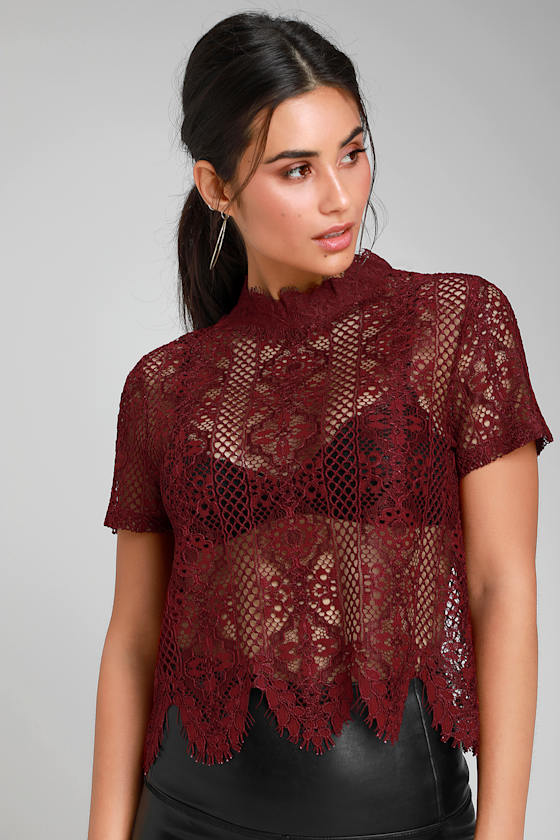 Julieta Burgundy Sheer Lace Crop Top 1