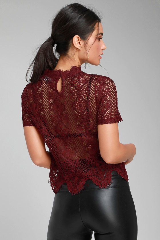 Pretty Burgundy Lace Top - Lace Crop Top - Short Sleeve Lace Top