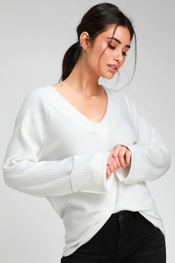 Shea Ivory Ribbed Knit V-Neck Long Sleeve Sweater Top 1