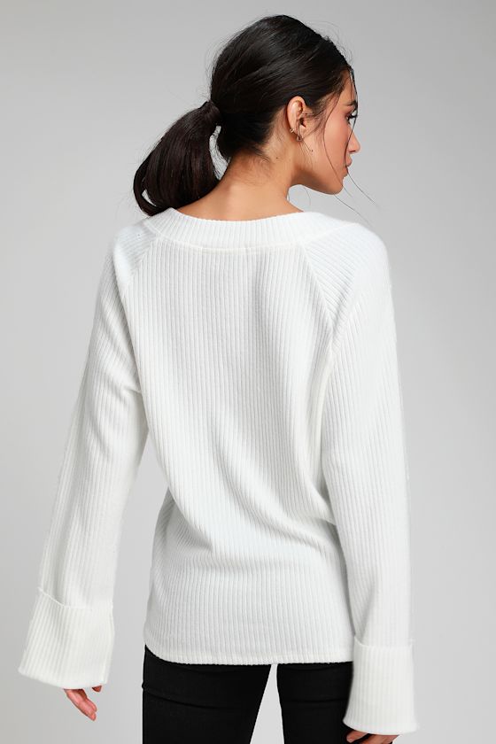 Shea Ivory Ribbed Knit V-Neck Long Sleeve Sweater Top 5