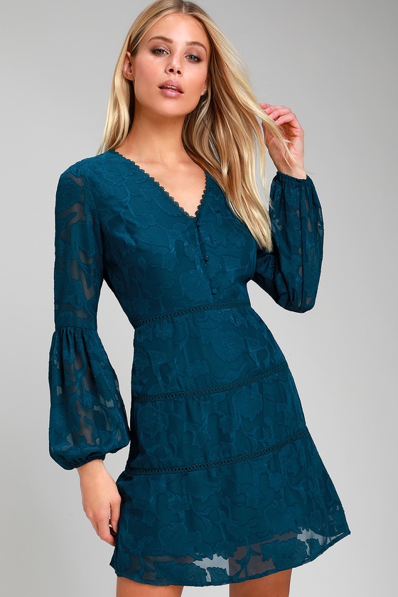 Cute Teal Blue Dress - Long Sleeve Dress - Burnout Floral Dress - Lulus
