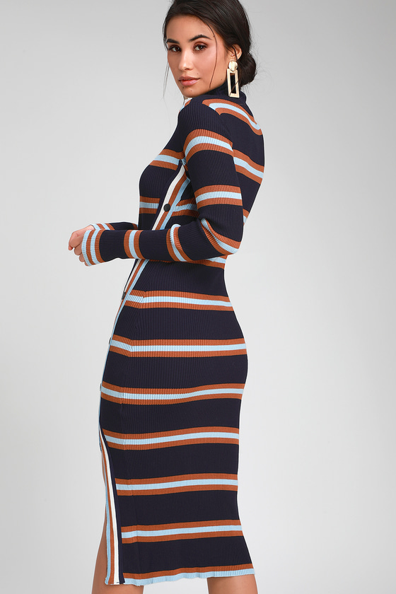 Cute Sweater Dress - Navy Striped Dress - Midi Sweater Dress