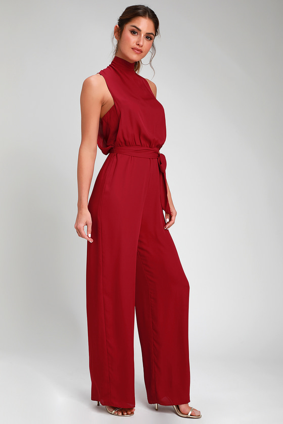 Chic Wine Red Jumpsuit - Backless Jumpsuit - Mock Neck Jumpsuit