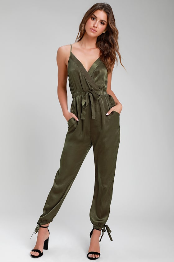Luxe Satin Jumpsuit Olive Green Jumpsuit Surplice Jumpsuit Lulus