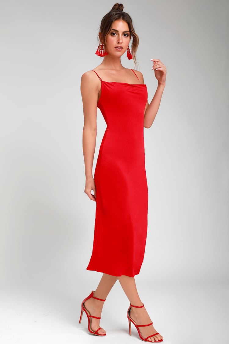 Shara Red Cowl Neck Midi Slip Dress