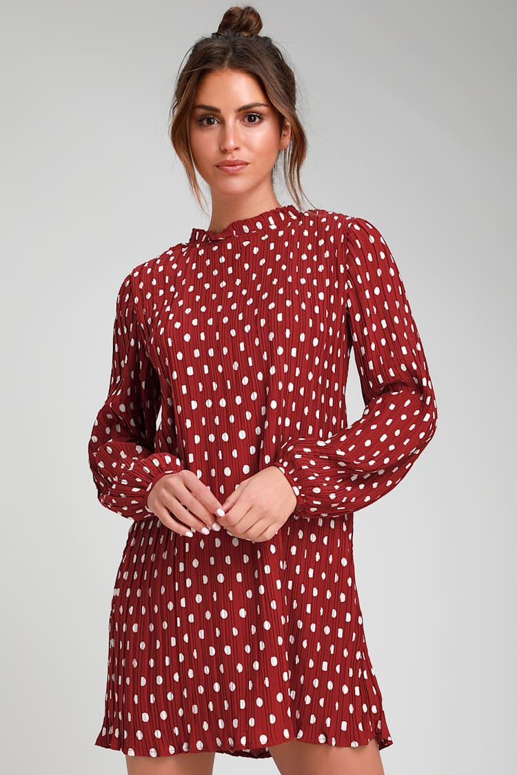 Cute Shift Dress - Pleated Shift Dress - Wine Red Polka Dot Dress - Lulus