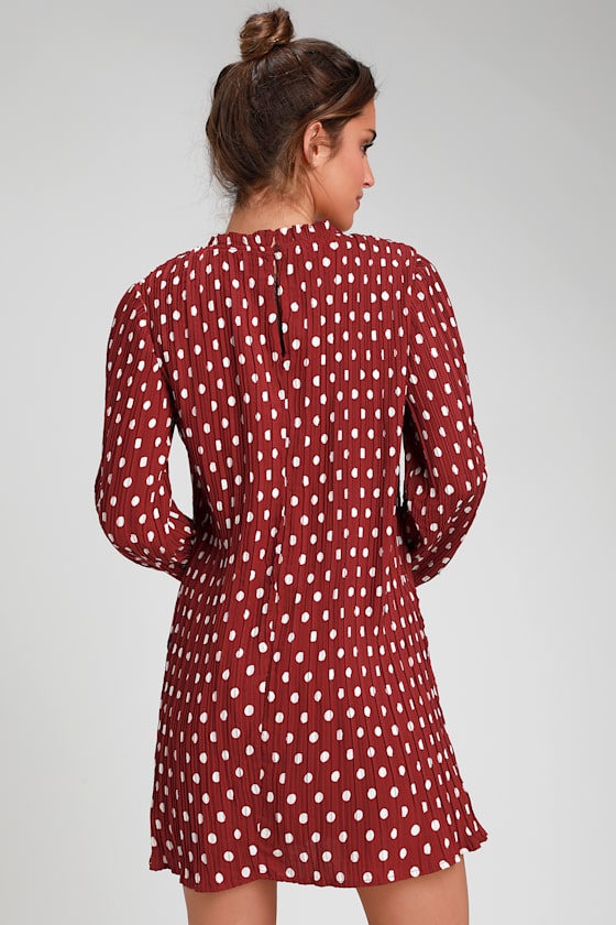 Pleat to Meet You Wine Red Polka Dot Long Sleeve Shift Dress 5