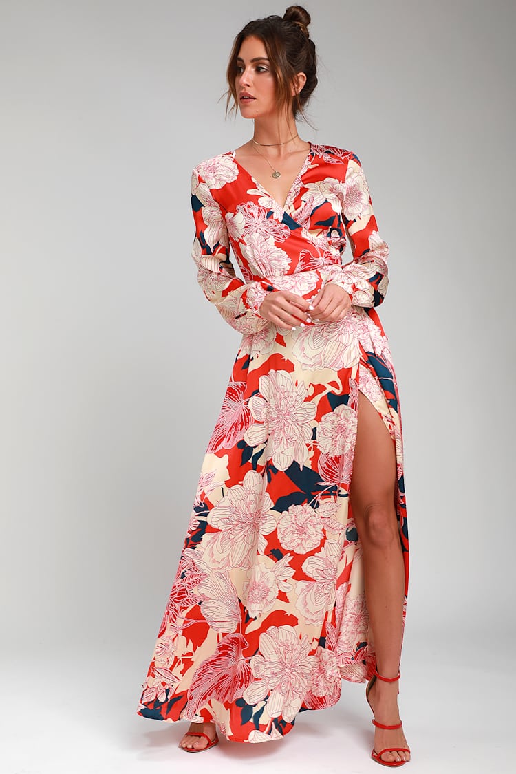 open lace back dress Maroon Floral Printed Flutter Sleeves Maxi Dress for Women