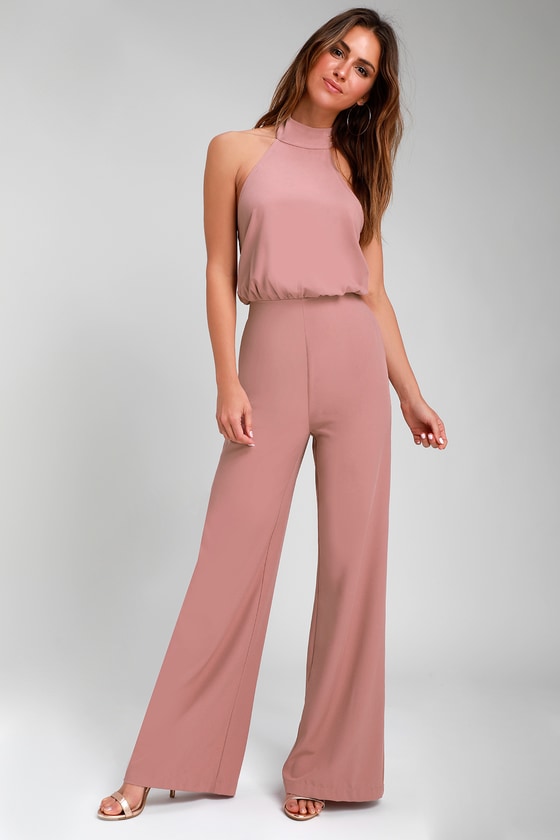 Chic Dusty Pink Jumpsuit - Halter Jumpsuit - Wide Leg Jumpsuit - Lulus