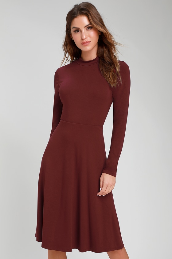 Cute Burgundy Dress - Long Sleeve Dress - Mock Neck Dress - Lulus