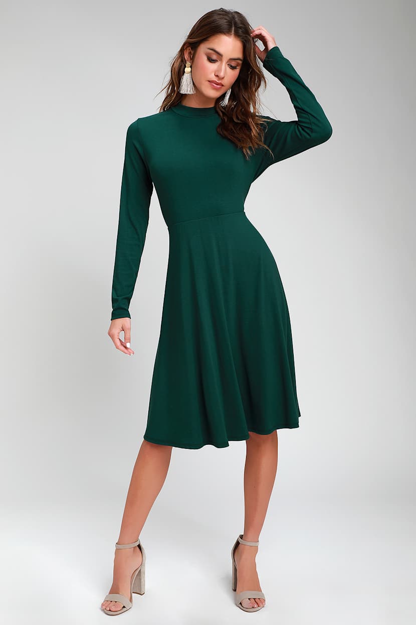 Maliyah Forest Green Long Sleeve Midi Skater Dress