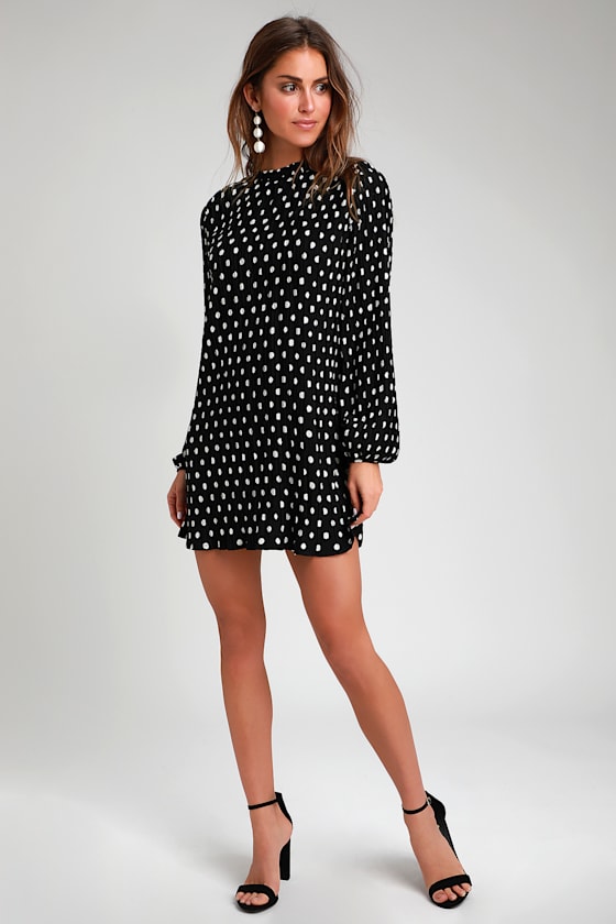 Pleat to Meet You Black Polka Dot Long Sleeve Shift Dress 1