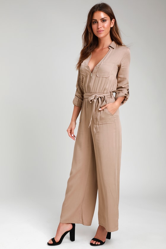 Cute Taupe Jumpsuit - Woven Jumpsuit - Long Sleeve Jumpsuit - Lulus