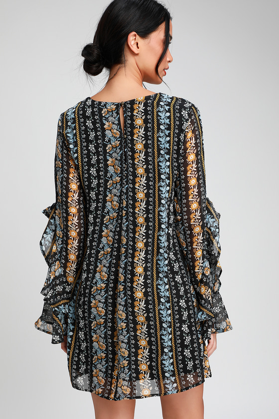 Lovely Black Floral Print Dress - Shift Dress - Long Sleeve Dress - Lulus