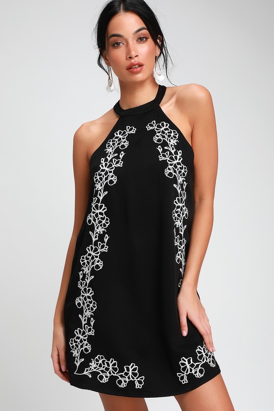Fun Black Dress - Halter Dress - Embroidered Dress - Shift Dress - Lulus