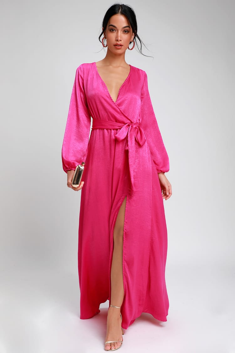 Lovely Fuchsia Dress - Satin Maxi Dress - Long Sleeve Dress - Lulus