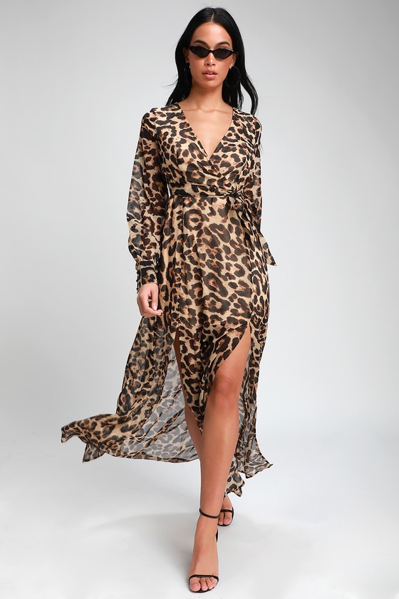Sexy Brown Leopard  Print  Dress  Long  Sleeve  Dress  Maxi 