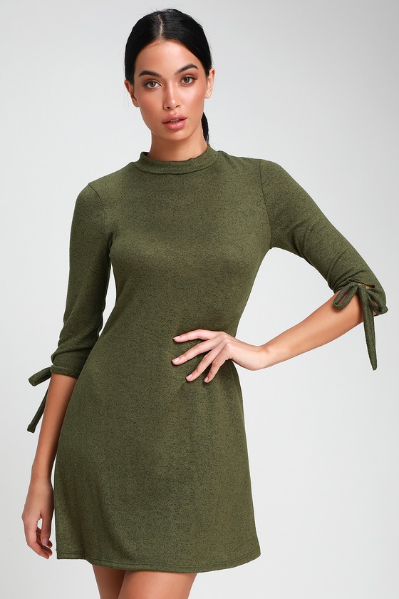 Cute Olive Green Dress - Tie-Sleeve Dress - Knit Swing Dress - Lulus